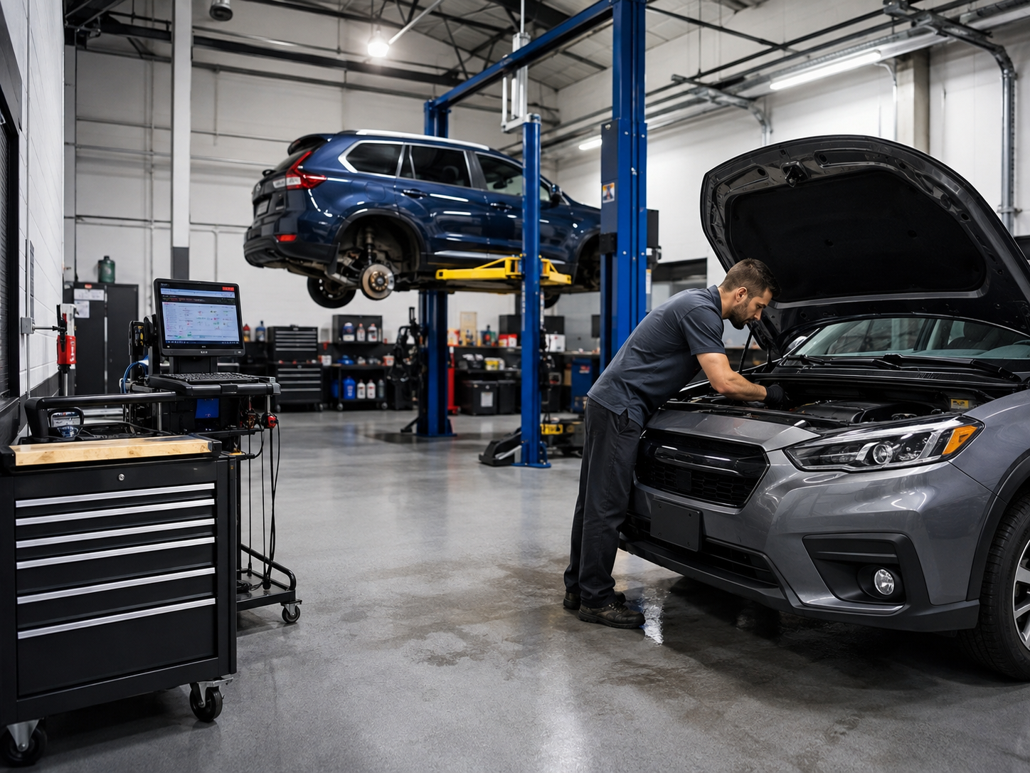 Illustrative view of a professional auto workshop interior