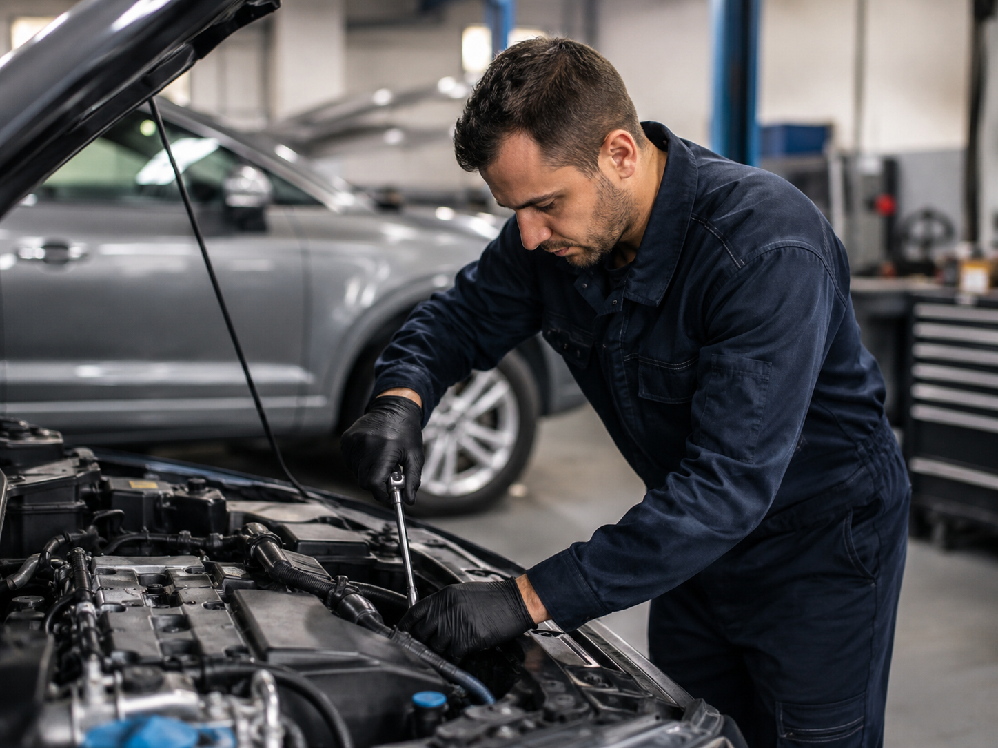 Technician working under the hood of a vehicle in a clean repair shop